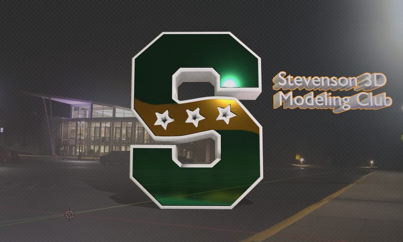 The Stevenson 3D Modeling Club emblem: a green and gold 3D-modeled Stevenson “S” with three stars, standing in front of Adlai E. Stevenson High School at night